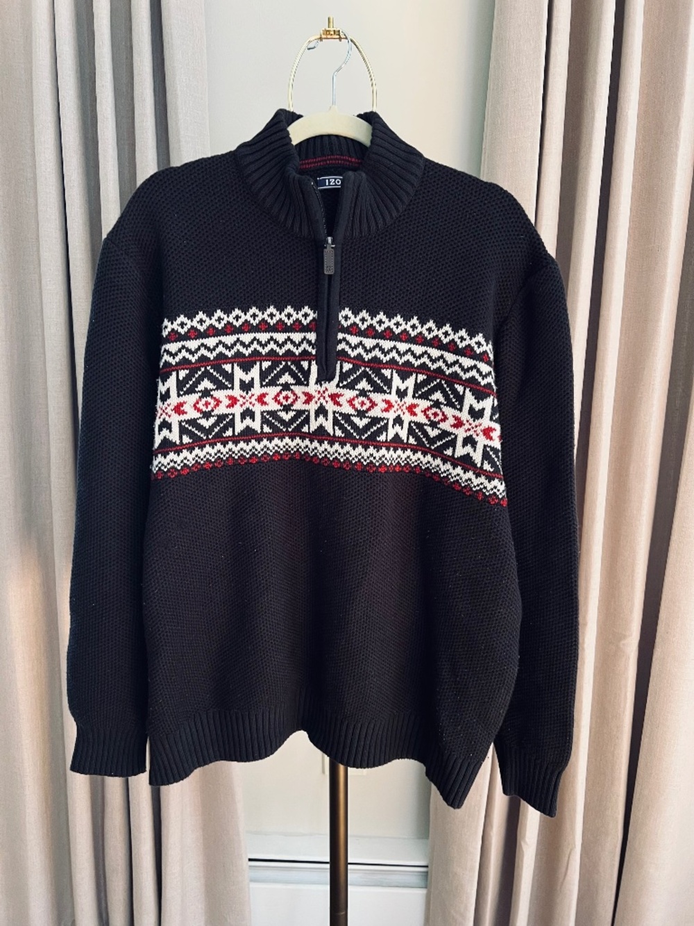 Izod Mens Fair Isle Knit Quarter Zip Sweater Black Red XXL
